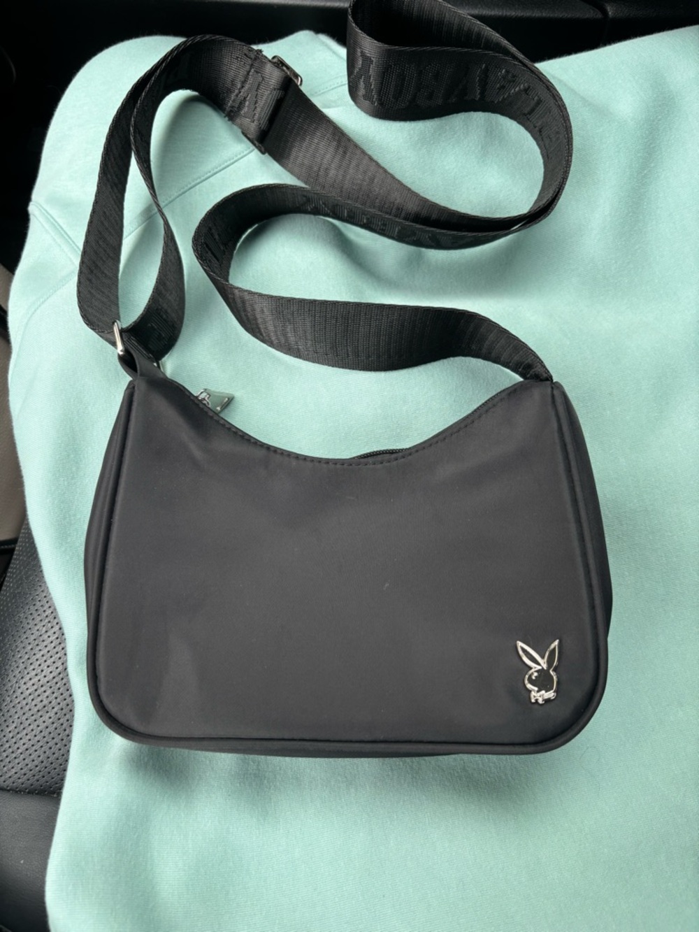 PLAYBOY Black Nylon Shoulder Bag with Silver Bunny Emblem Adjustable Strap Zip